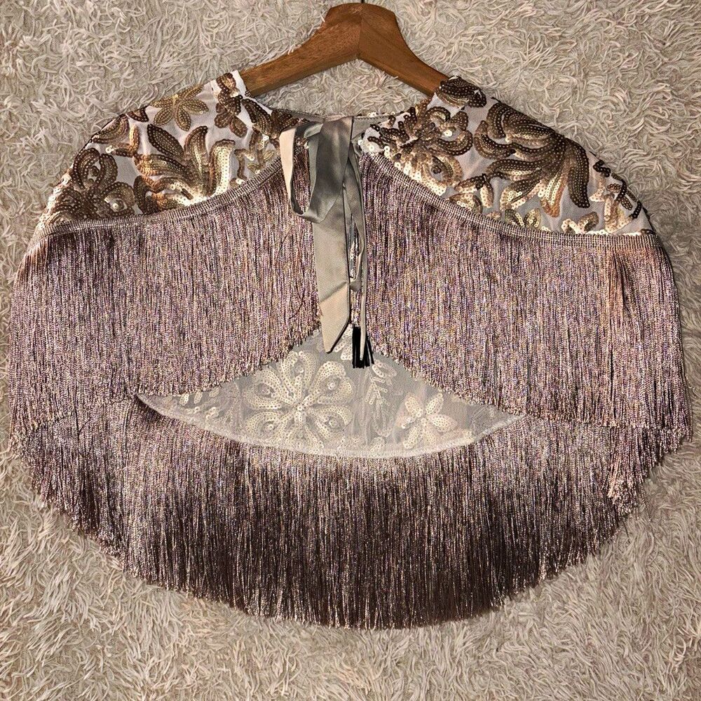 NWT Playful Promises x Fuller Figure Sequined Metallic Fringe Cape Shawl Shrug L